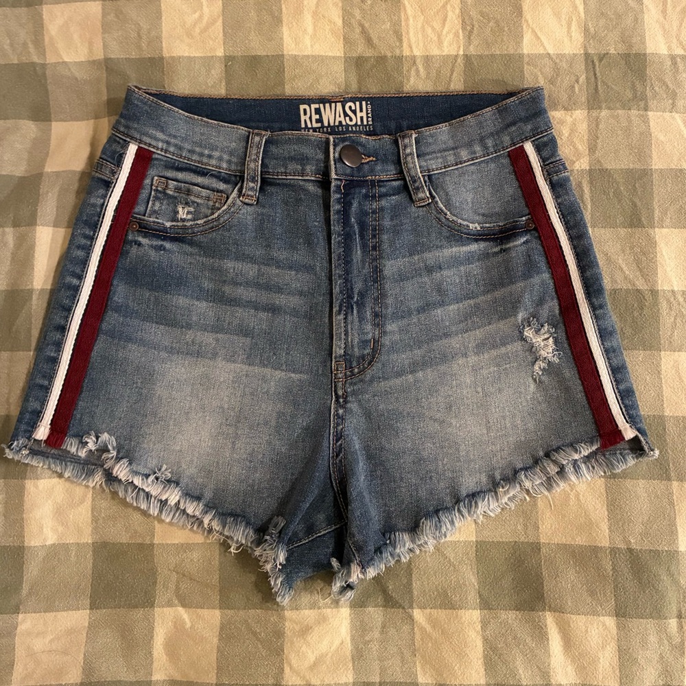 Rewash High Waisted Denim Shorts Racer Stripe Distressed Festival Y2K Streetwear